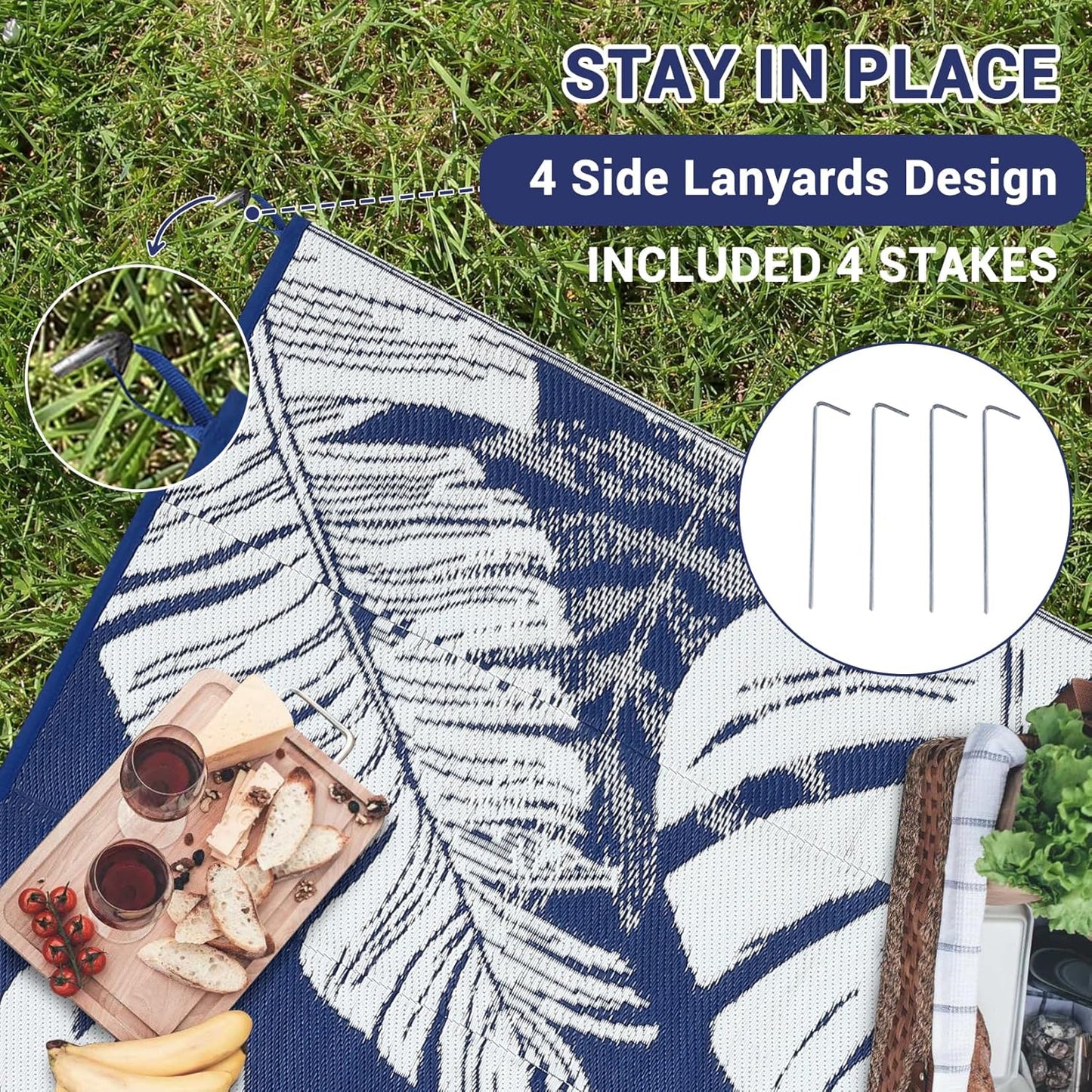 GAOMON Outdoor Plastic Straw Rug 9x18 Waterproof Patio Rug Reversible Camping Mat, Foldable Portable RV Picnic Carpet with Bag & 4 Stakes, UV Resistant Outside Carpet for Deck Balcony, Blue
