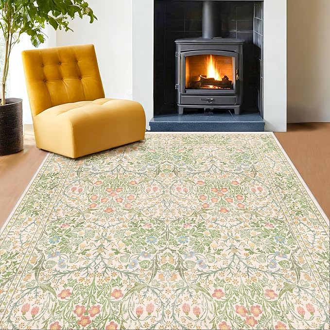 Light Beige Green Floral Living Room Rug, 7x9 Washable Area Rug by HazoHaus