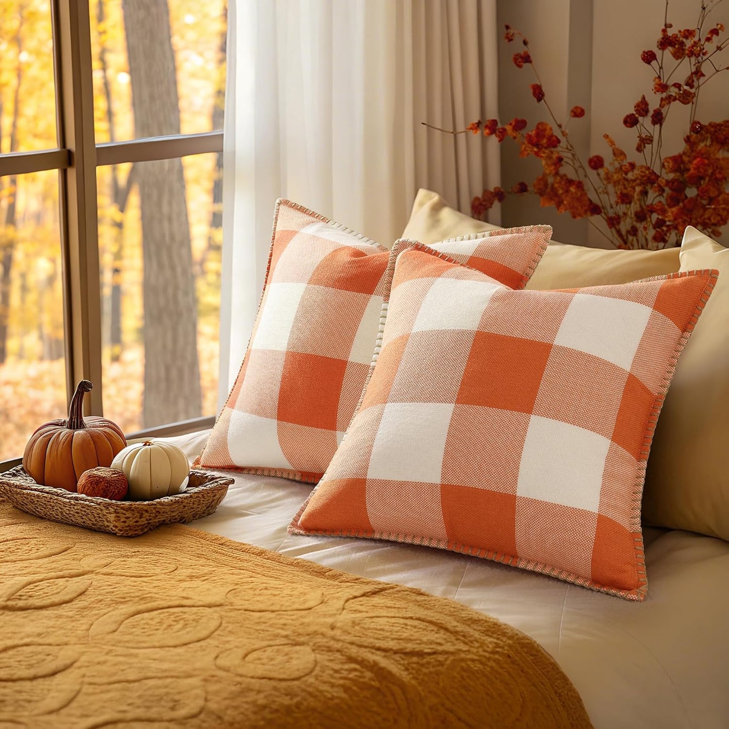 decorUhome Fall Orange and White Decorative Throw Pillow Covers 18x18 Set of 2, Buffalo Plaid Check Farmhouse Cushion Covers with Stitched Edge for Autumn Harvest Couch Sofa Bed Home Decor