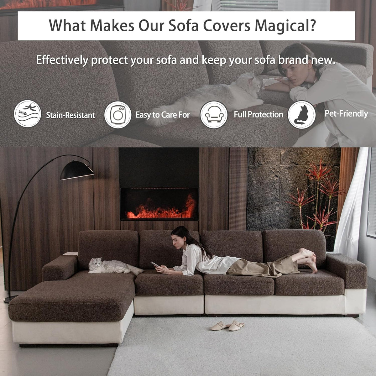 Couch Cushion Covers for Sectional Sofa, Stretch Soft Sofa Slipcovers Washable Wear-Resistant Universal Furniture Protector for Living Room(1 Piece Chaise Cover, Brown)
