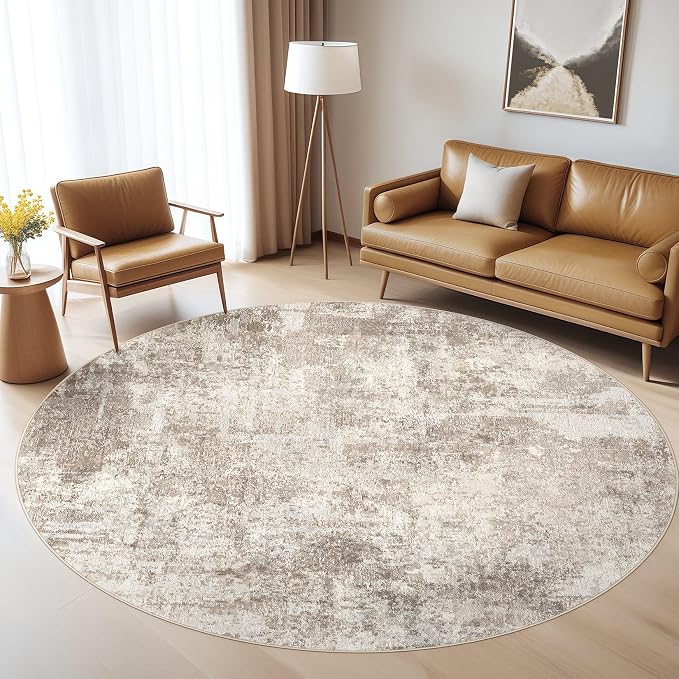 LOONGRUG Round Rug 7x7 Washable Large Neutral Modern Area Rugs Brown Beige | - Image 8