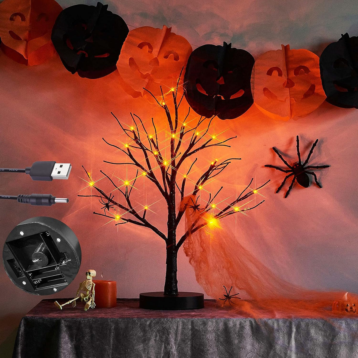 Hairui Lighted Tabletop Black Glittered Spooky Tree with Orange Lights 24 LED 18 Inches for Halloween Witch Decoration Battery Operated or USB Plug in Indoor Use