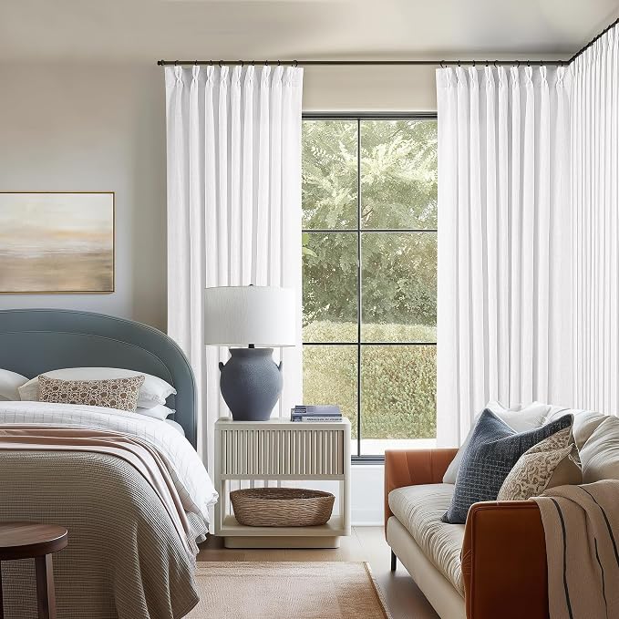 White Pinch Pleated Extra Wide Linen Curtains W60xL84 Inches Long | Linen Blend by Twodrapes