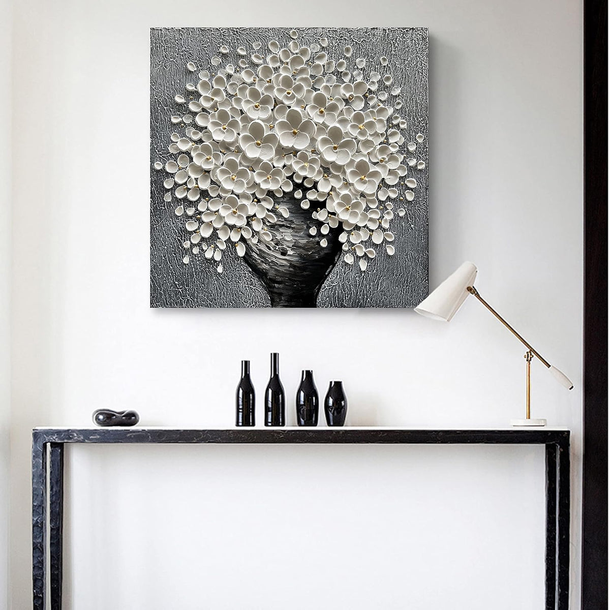 White Flower Oil Painting Modern Abstract Art Oil Painting Home Bedroom, Dining Room, Living Room, Office Wall Decoration (20x20 inches)