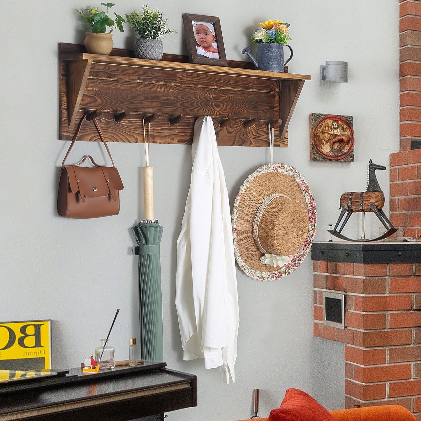 WEBI Coat Rack Wall Mount with Shelf,8 Peg Hooks,34" Long Rustic Entryway Wall Shelf with Hooks Underneath for Hanging Coats,Clothes,Bathroom,Rustic Brown