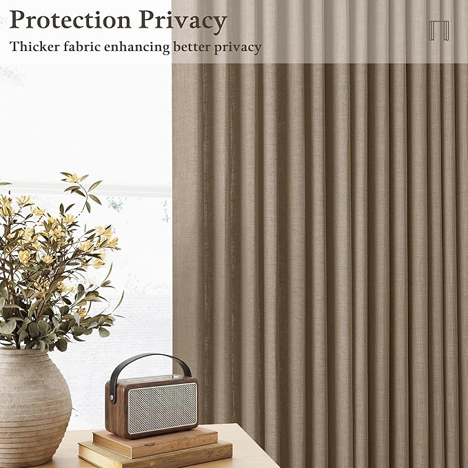 Latte Brown Pinch Pleated Thick Linen Semi Sheer Curtains 108 Inches Long | - Image 3