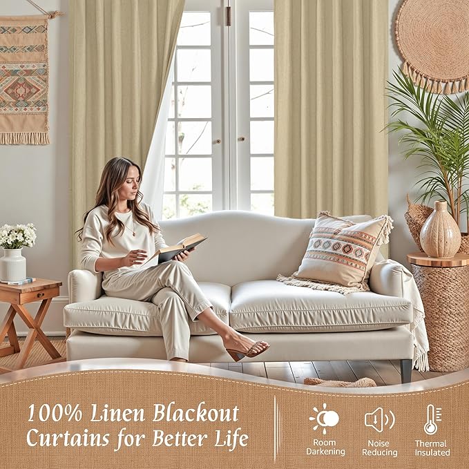 Natural Linen 100% Blackout Window Curtains - Image 3