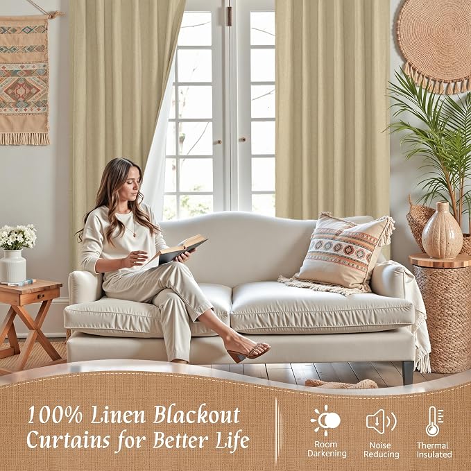 40 Inch Length 100% Blackout Linen Curtains - Image 2