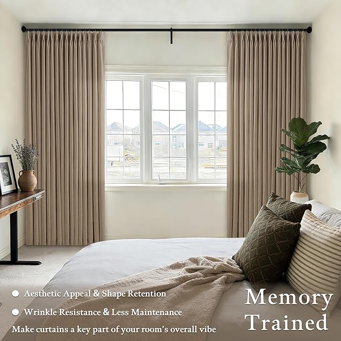 Latte Brown Pinch Pleated Thick Linen Semi Sheer Curtains 108 Inches Long | - Image 6