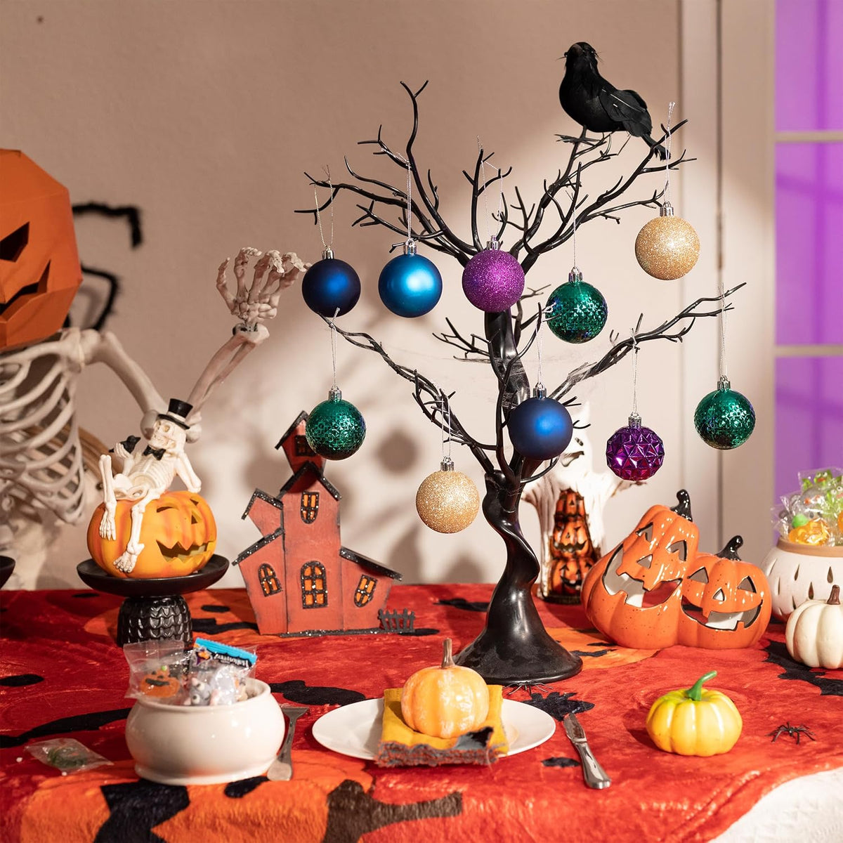 Valery Madelyn Christmas Tree Decorations Ornament Set for Fall Halloween, 50ct 2.36 Inches Peacock Purple Blue Shatterproof Christmas Ball Ornaments Hanging Xmas Holiday Party Decor