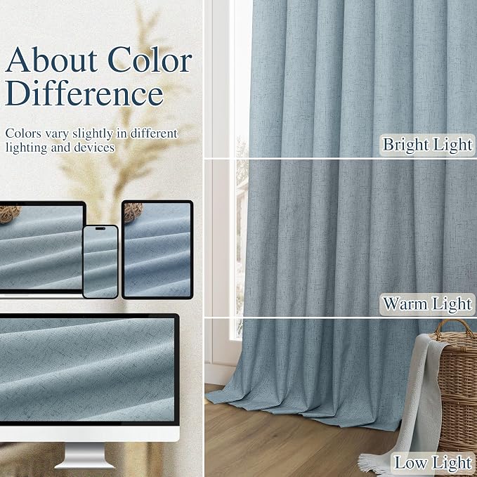 Blue 100% Blackout Linen Curtains 108 Inch Length 2 Panels Set - Image 7