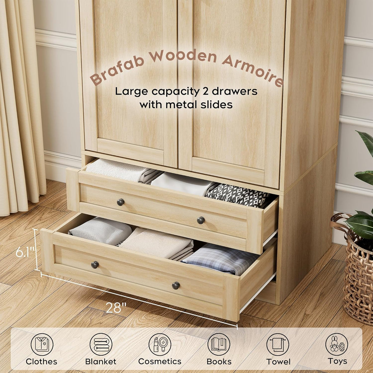 Brafab Armoire Wardrobe Closet with 2 Modern Doors Set of 2, 71" Tall Freestanding Closet Wardrobe Cabinet with Drawers and Hanging Rail, Wooden Storage Cabinet with Shelve for Bedroom,Natural