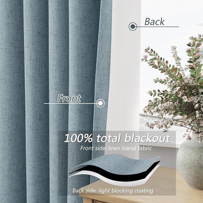 Blue 100% Blackout Linen Curtains 84 Inch Length 2 Panels Set - Image 4