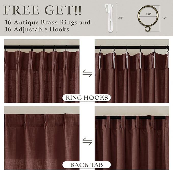 63 Inch Memory Train Linen Pleat Semi Sheer Reddish Brown Kitchen Curtains | - Image 2