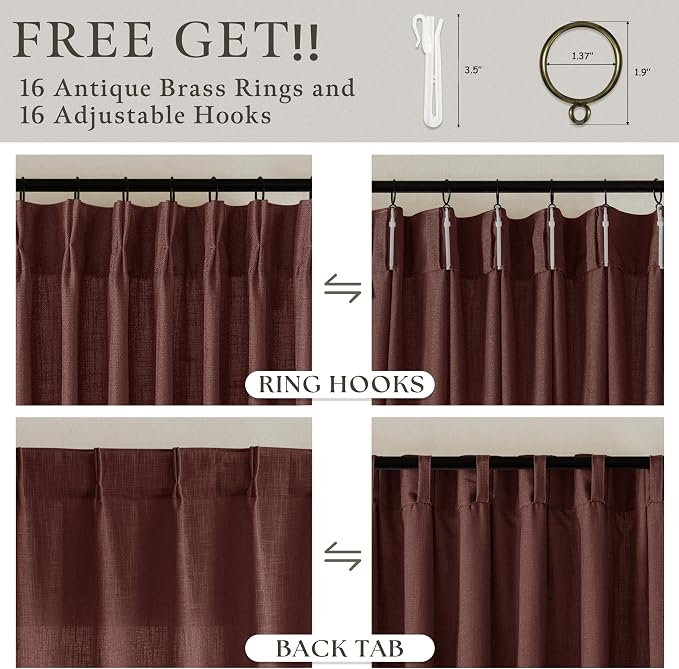 Pinch Pleated Curtains 90 Inch Long Thick Linen Rust Brown Semi Sheer Curtain - Image 5