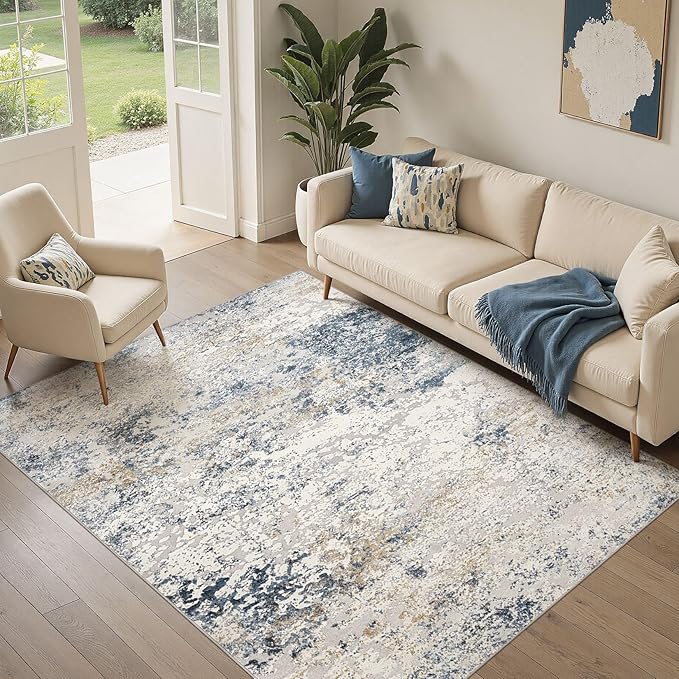 DMOYEST Area Rug Living Room Rugs 5x7 Washable Abstract Beige Blue Carpet | - Image 4