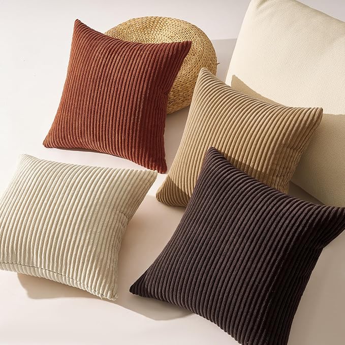 Topfinel Set of 4 Soft Farmhouse Corduroy Striped Decorative Cushion Cover Boho - Image 5