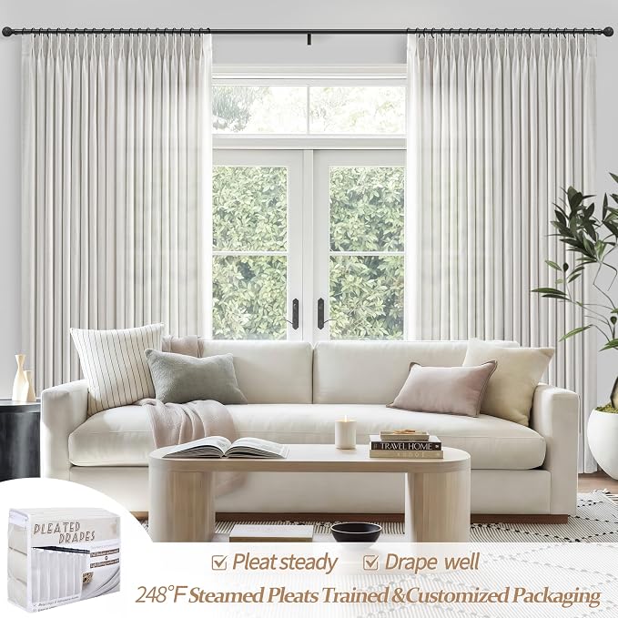 Pinch Pleated Off Beige White Extra Wide 70 x 108 Inch Patio Door Curtains - Image 2
