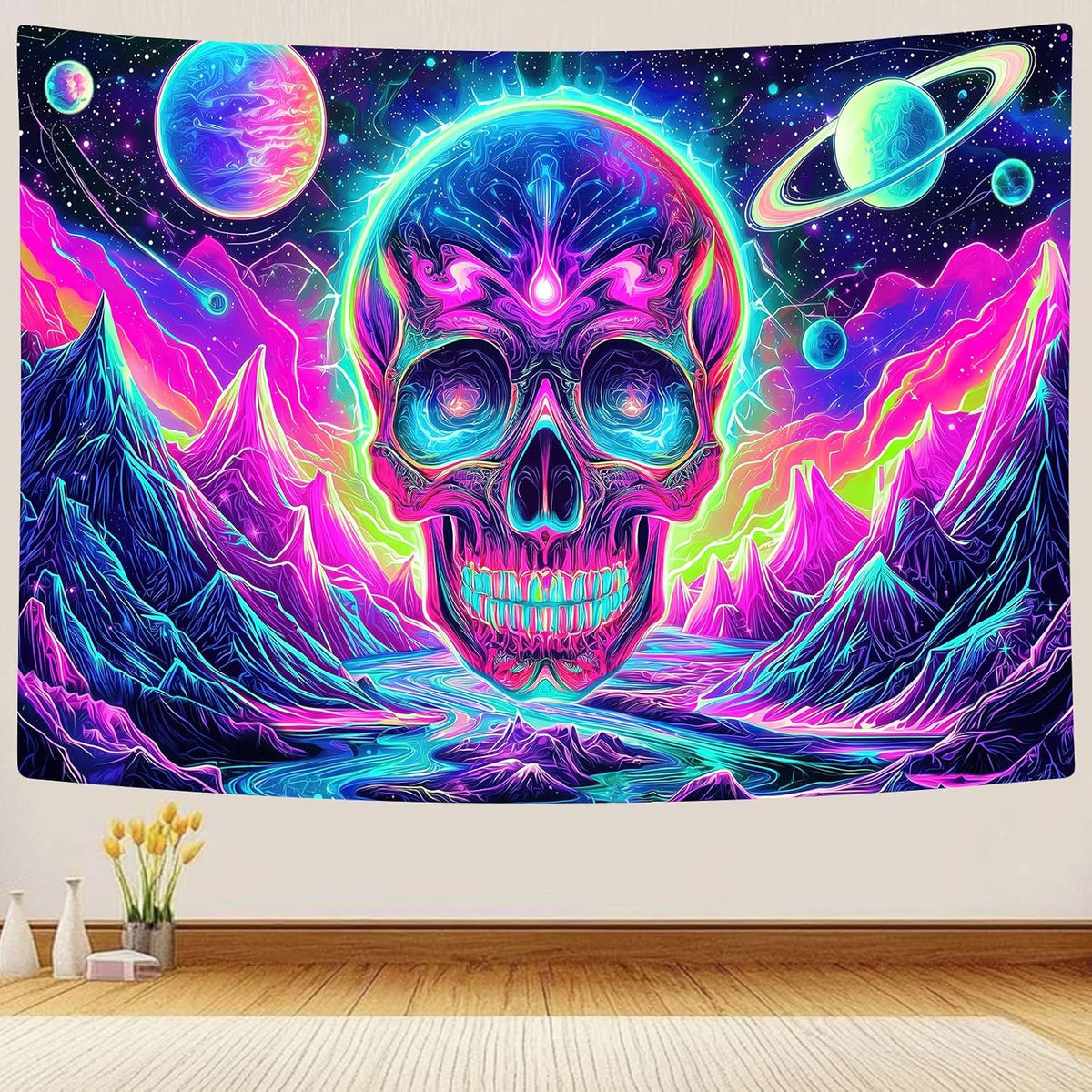 Blacklight Skull Tapestry, UV Reactive Gothic Skeleton Mountain Galaxy Planet Wall Hanging Tapestries, Glow in the Dark Horror Face Halloween Aesthetic Poster for Bedroom Living Room Decor 40X30IN