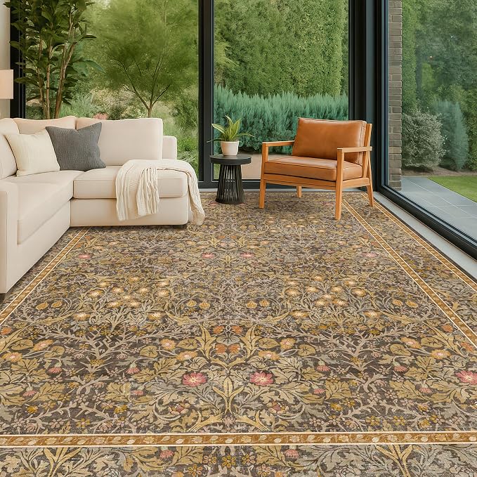Vintage Floral Living Room Rug 8x10, Dining Room Under Kitchen Table, Oriental by HazoHaus