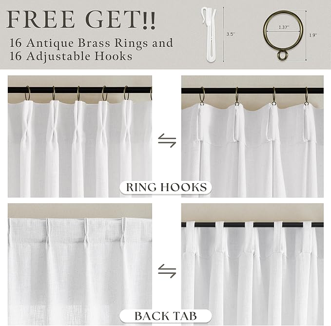 Pinch Pleated Linen Light Filtering Curtains 105 Inches Length Snow White | - Image 5