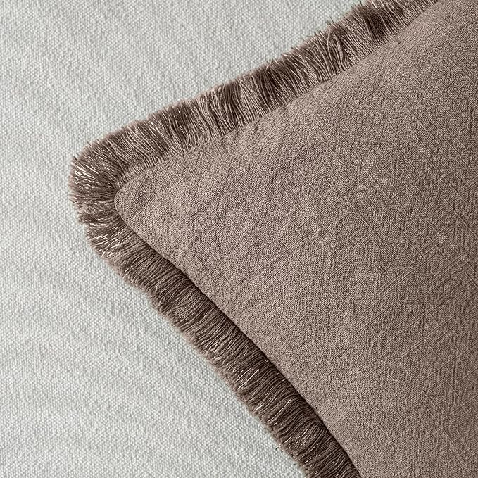 MIULEE Linen Fringe Decorative Fall Euro Pillow Covers Malt Ball 22x22 | Set of - Image 3