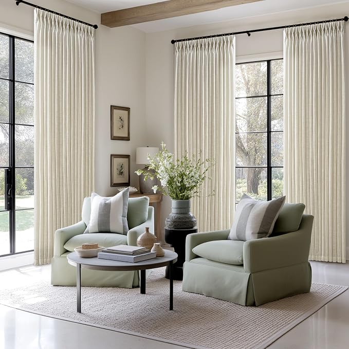98 Inch Beige Linen Semi Sheer Pinch Pleated Curtains 50 Inch Wide 2 Panels | - Image 7