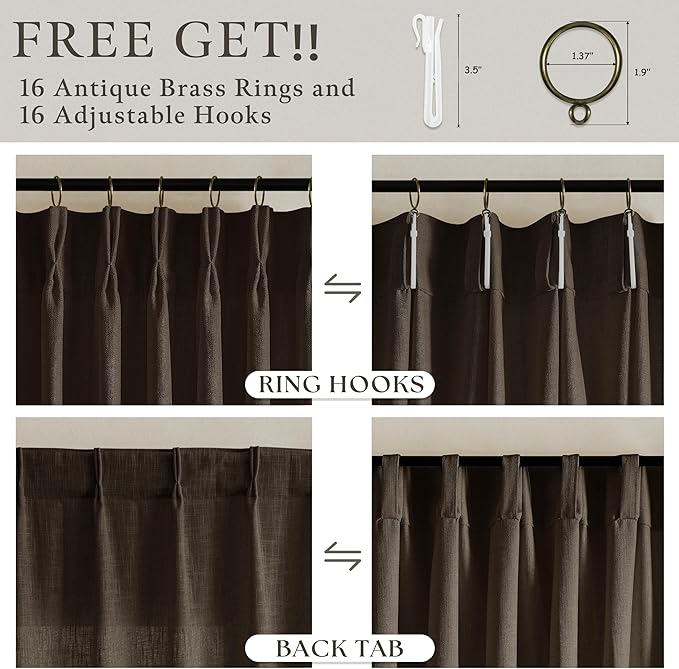 Thick Linen Pinch Pleated Light Filtering Privacy Dark Brown Curtains 50x80 | - Image 5