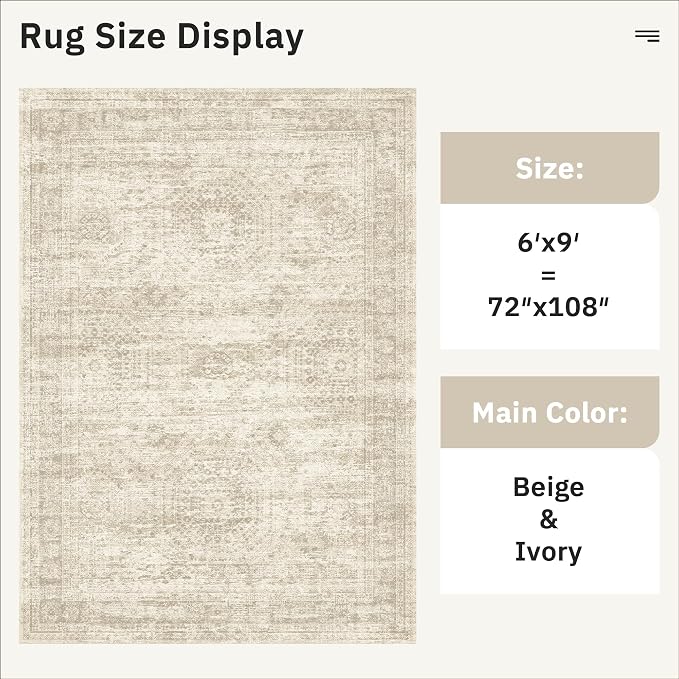 Soalmost 7x9 Area Rug for Living Room Washable Rugs Non-Slip Beige | Low-Pile - Image 3