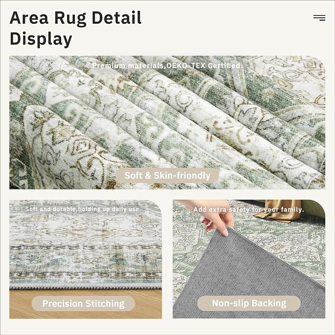 Soalmost 9x12 Area Rugs for Living Room Washable Rug Non-Slip Green/Brown | - Image 6