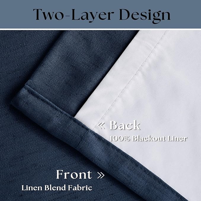 Navy Blue 100% Blackout Pinch Pleated Linen 63 Inch Curtains - Image 4