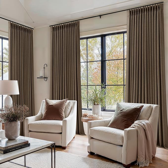 Pleated Blackout Brown Linen Blend Window Curtains 96 Inches Long 2 Panels | - Image 7