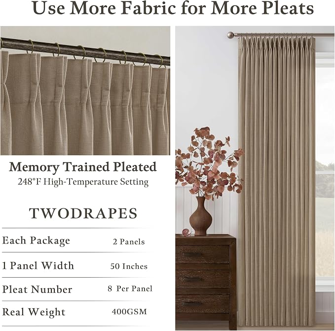 Latte Brown Pinch Pleated Thick Linen Semi Sheer Curtains 108 Inches Long | - Image 4