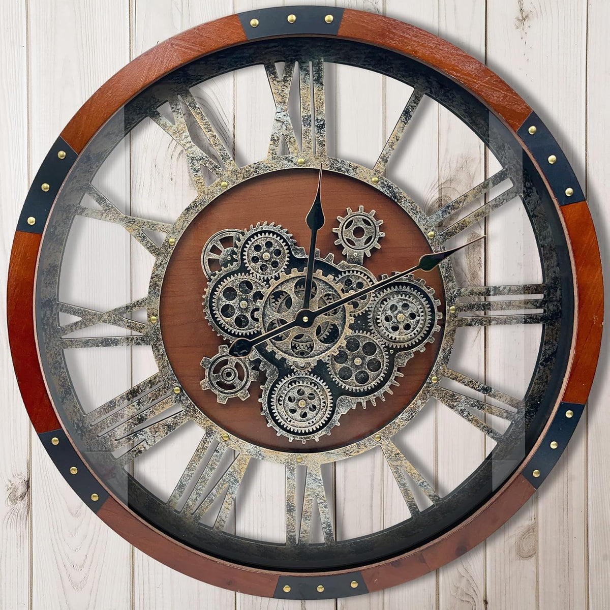 DORBOKER 36" Original Moving Gears Wall Clock, Large Industrial Wall Clock for Living Room Decor,Oversized Wood Vintage Farmhouse Steampunk Rustic Clocks for Wall Decor,Black Walnut