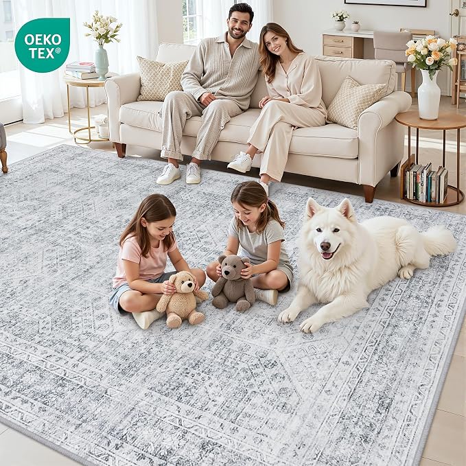3x5 Area Rugs Living Room: Bedroom Neutral Washable Carpet Gray | Vintage Boho - Image 8