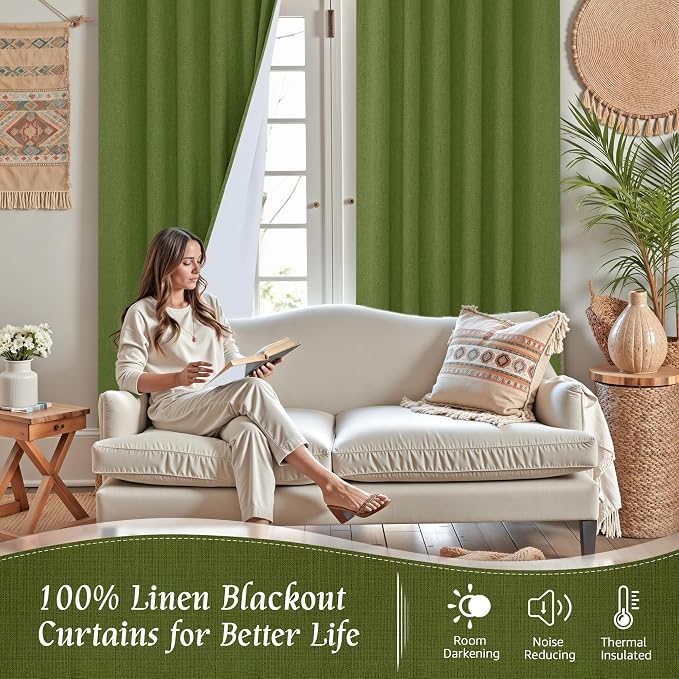 100% Blackout Linen Curtains for Bedroom 45 Inches Long 2 Panels | Sage Green - Image 2