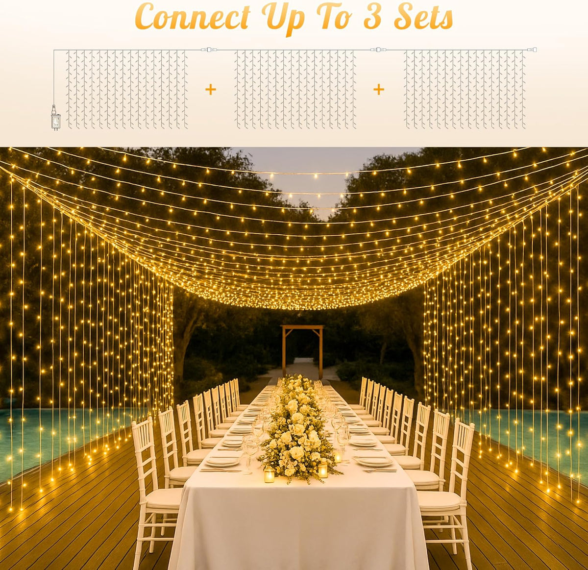 HEYFUNi 304 LED Curtain Lights Outdoor, 9.8Ft*9.8Ft Hanging String Lights Plug in with 8 Modes, Connectable Curtain Fairy Lights for Bedroom, Dorm, Christmas, Wall, Backdrop, Wedding Decor, Warm White