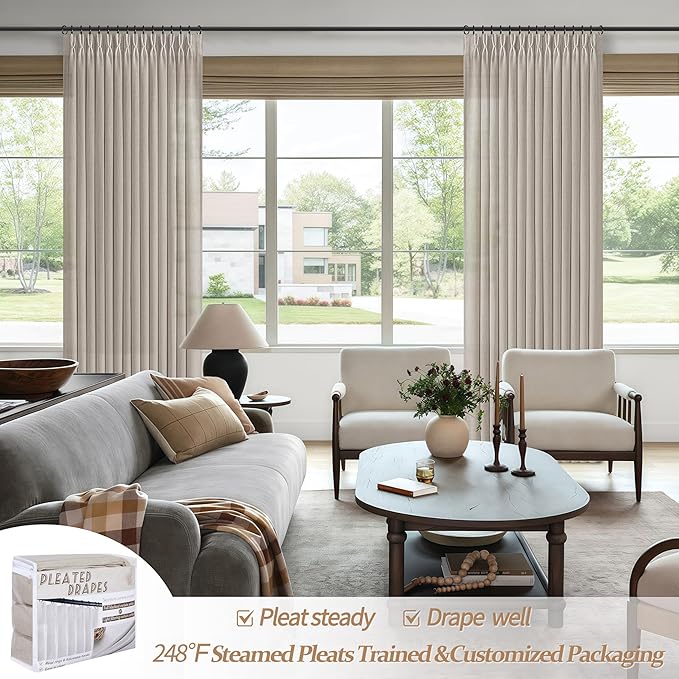 Pinch Pleated Taupe 105 Inch Length Floor to Ceiling Curtains 2 Panels Set - Image 5