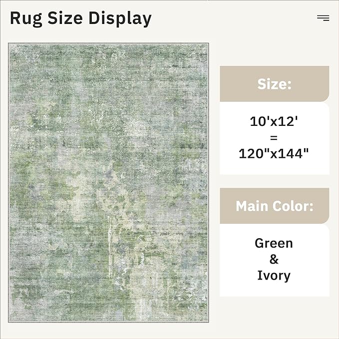 Soalmost 10x12 Area Rugs for Living Room Washable Rug Abstract Green/Ivory | - Image 5