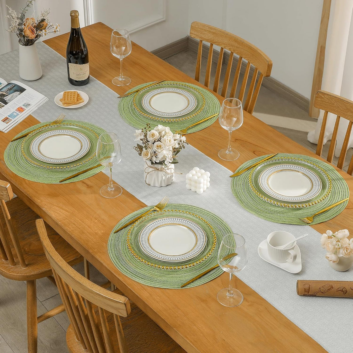 Leetaltree Round Placemats Heat and Slip Resistant Cotton Table Mats, Washable Bohemian Placemats for Dining Tables (Sage Green, Set of 8)