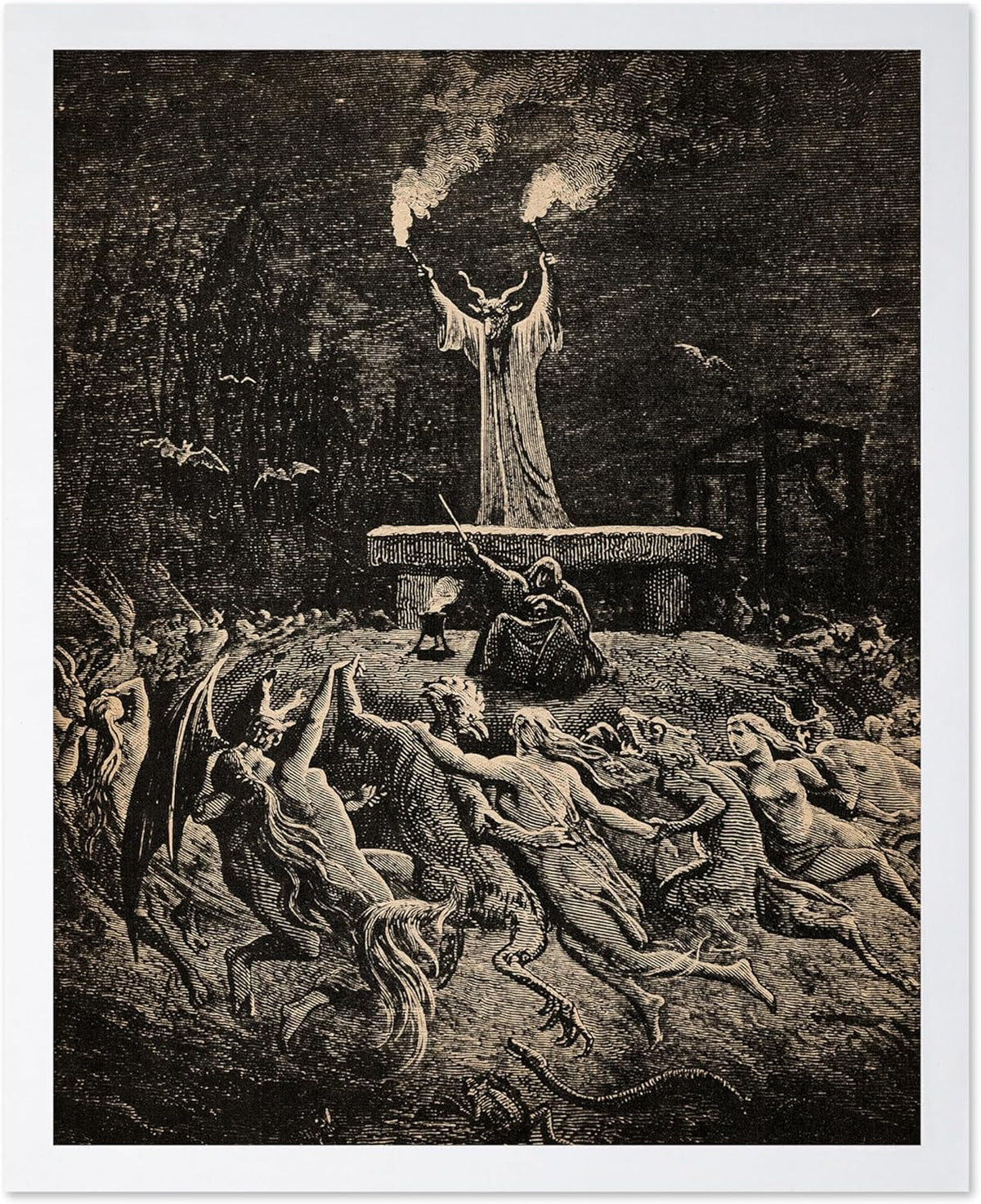 Poster Master Vintage Gustave Dore Poster - Retro Illustration Print - Gift for Gothic, Horror Fan - Dance of Sabbath, Witch, Magic, Spell - Wall Decor for Bedroom, Dorm, 16x20 White Framed