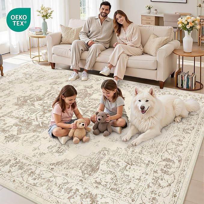 10x12 Area Rugs Living Room: Bedroom Washable Carpet Beige/Ivory | Large - Image 7