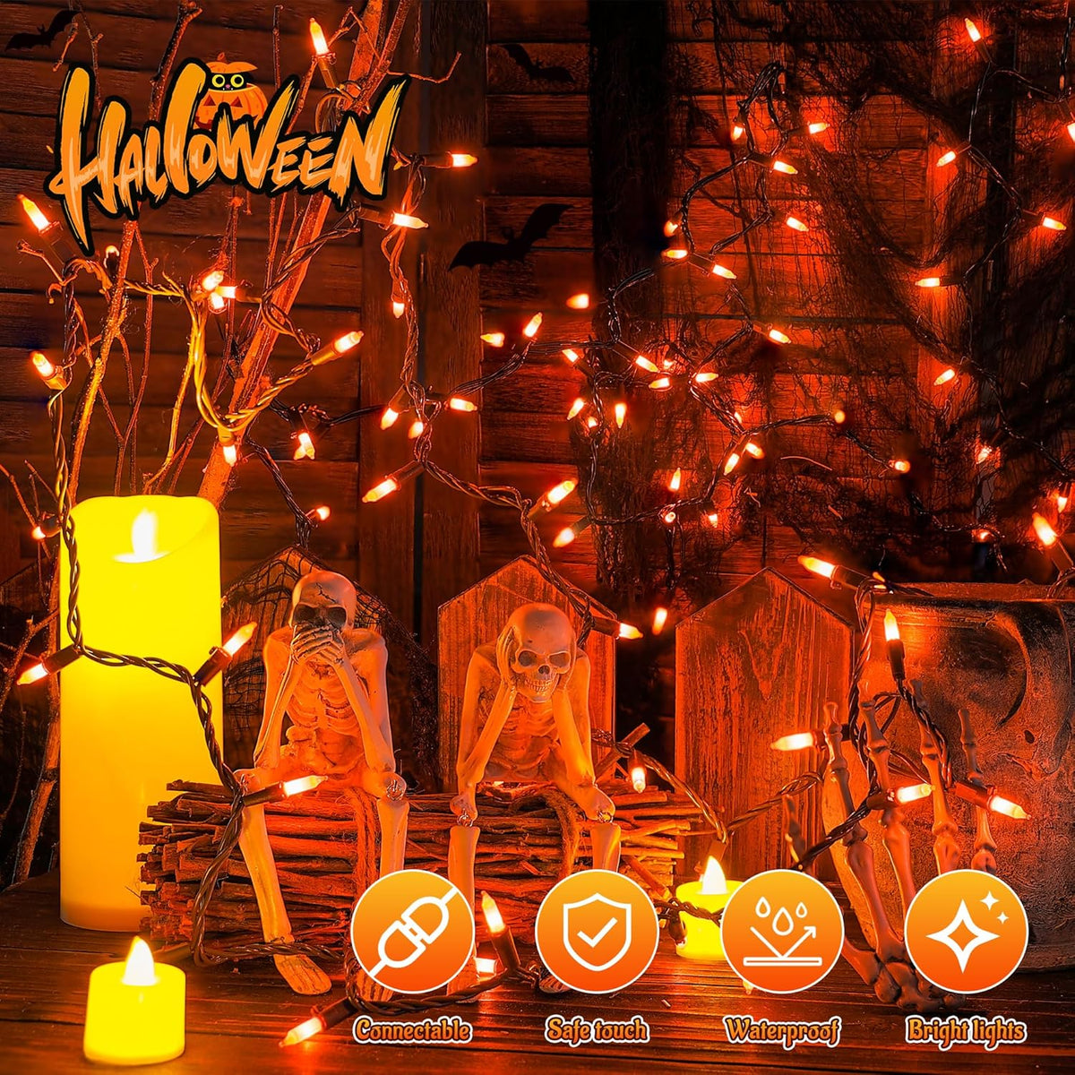 YOUNGAR Orange Halloween & Christmas Lights - 13FT, 50 UL Approved, Incandescent Mini Lights with Brown Wire, Plug in for Indoor & Outdoor Tree, Patio, Garden Xmas Decor