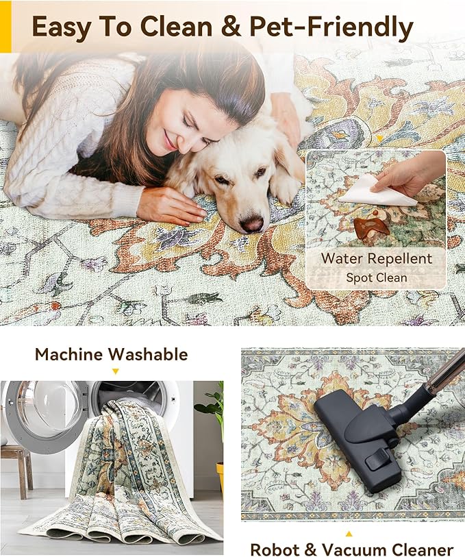 RELEANY Washable Area Rug, Water Repellent, Pet Friendly, Vintage Floral Boho - Image 6
