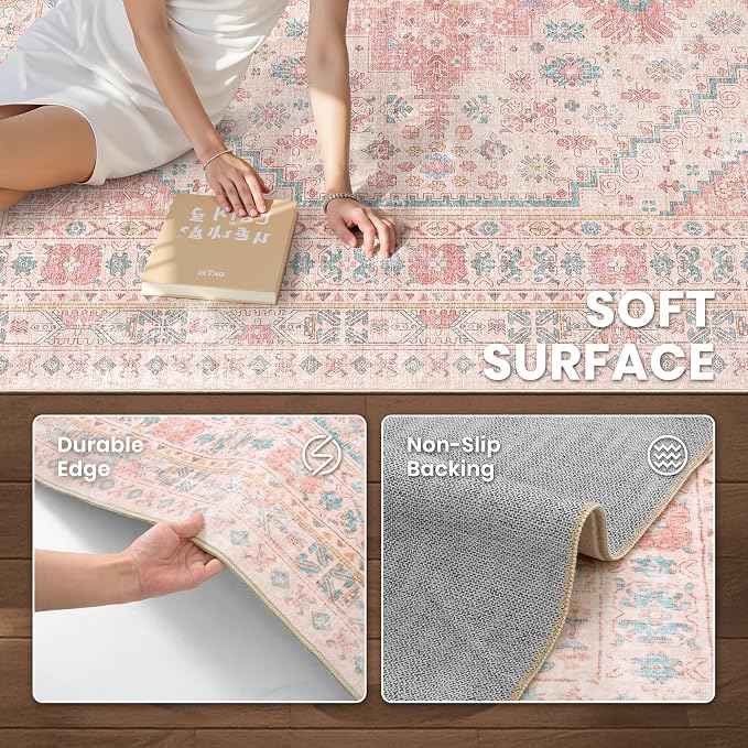 Pink Rugs for Bedroom-6x9 Area Rugs for Living Room, Girls Room | Washable Rugs - Image 6