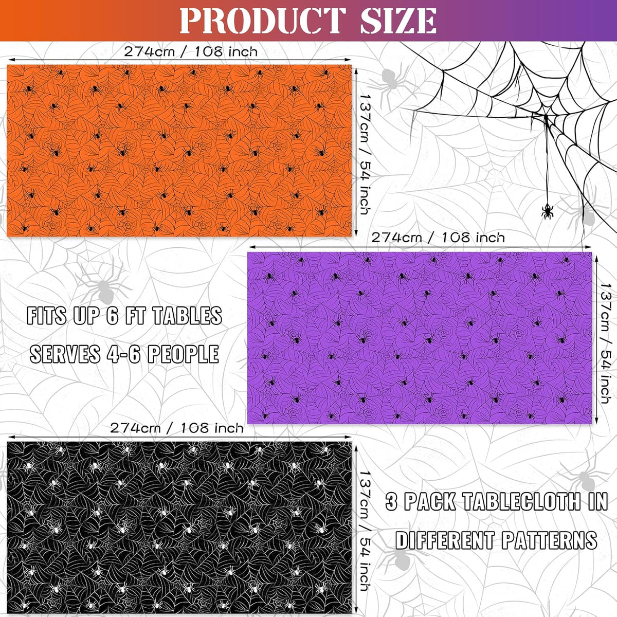 TREWAVE 3 Pack Halloween Spiderweb Tablecloth Rectangular Plastic Spider Web Table Cloth Large Size Table Covers for Home Decor Halloween Party Decorations 54" x 108" (Mixed)