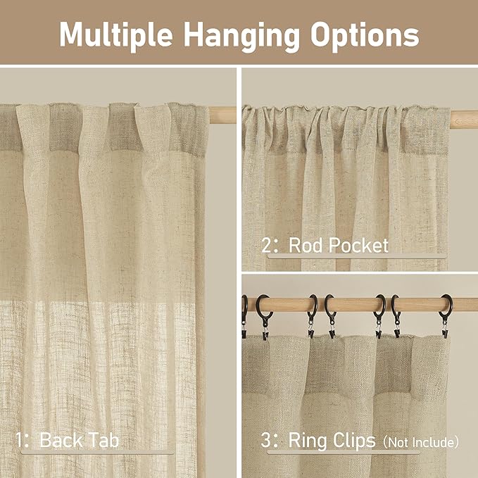 Extra Wide Linen Curtains for Bedroom Living Room 60 x 84 Inch | Natural - Image 3