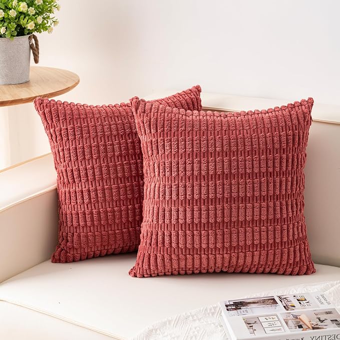 Pack of 2 Corduroy Decorative Throw Pillow Covers 22x22 Inch, Cranberry Red | by Unknown