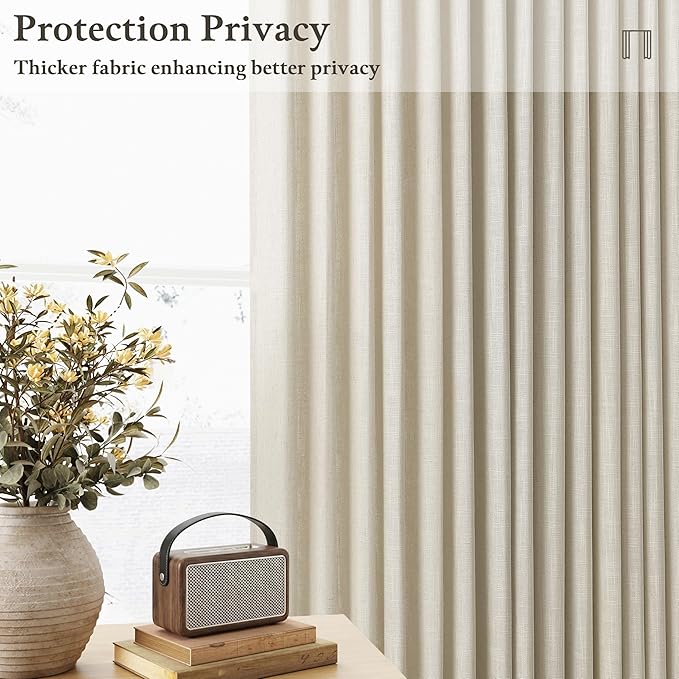 98 Inch Beige Linen Semi Sheer Pinch Pleated Curtains 50 Inch Wide 2 Panels | - Image 2