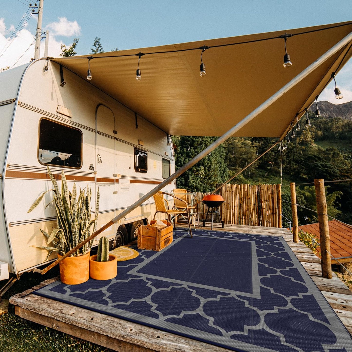 GENIMO 10 ' x 14 ' Outdoor Rug Waterproof for Patio Decor, Foldable Reversible Plastic Straw Area Rugs Mat for Camper, Outside Carpet for Rv, Deck, Porch, Picnic, Beach, Balcony, Blue & Grey